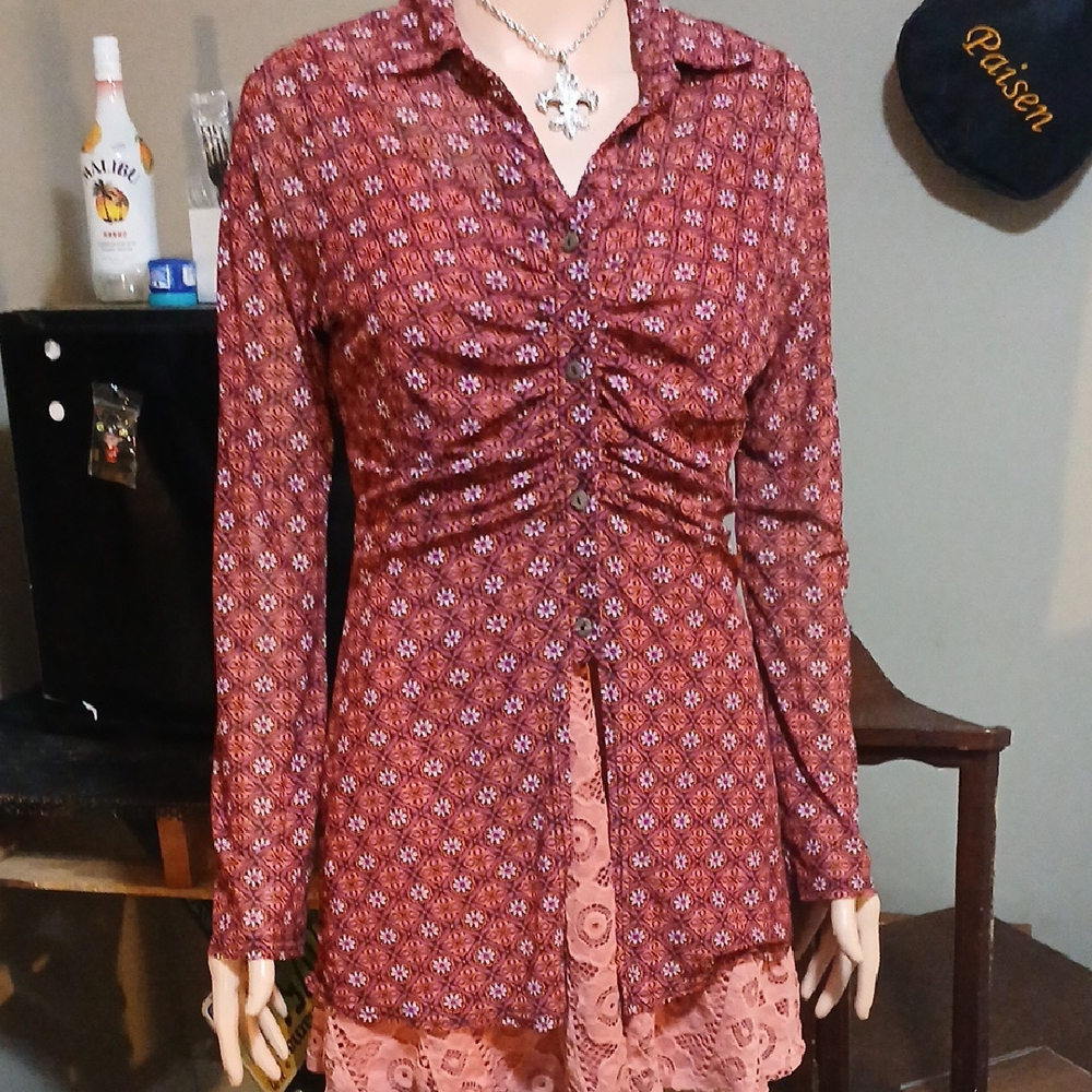 Ember Mesh Red Floral Button-Up Blouse